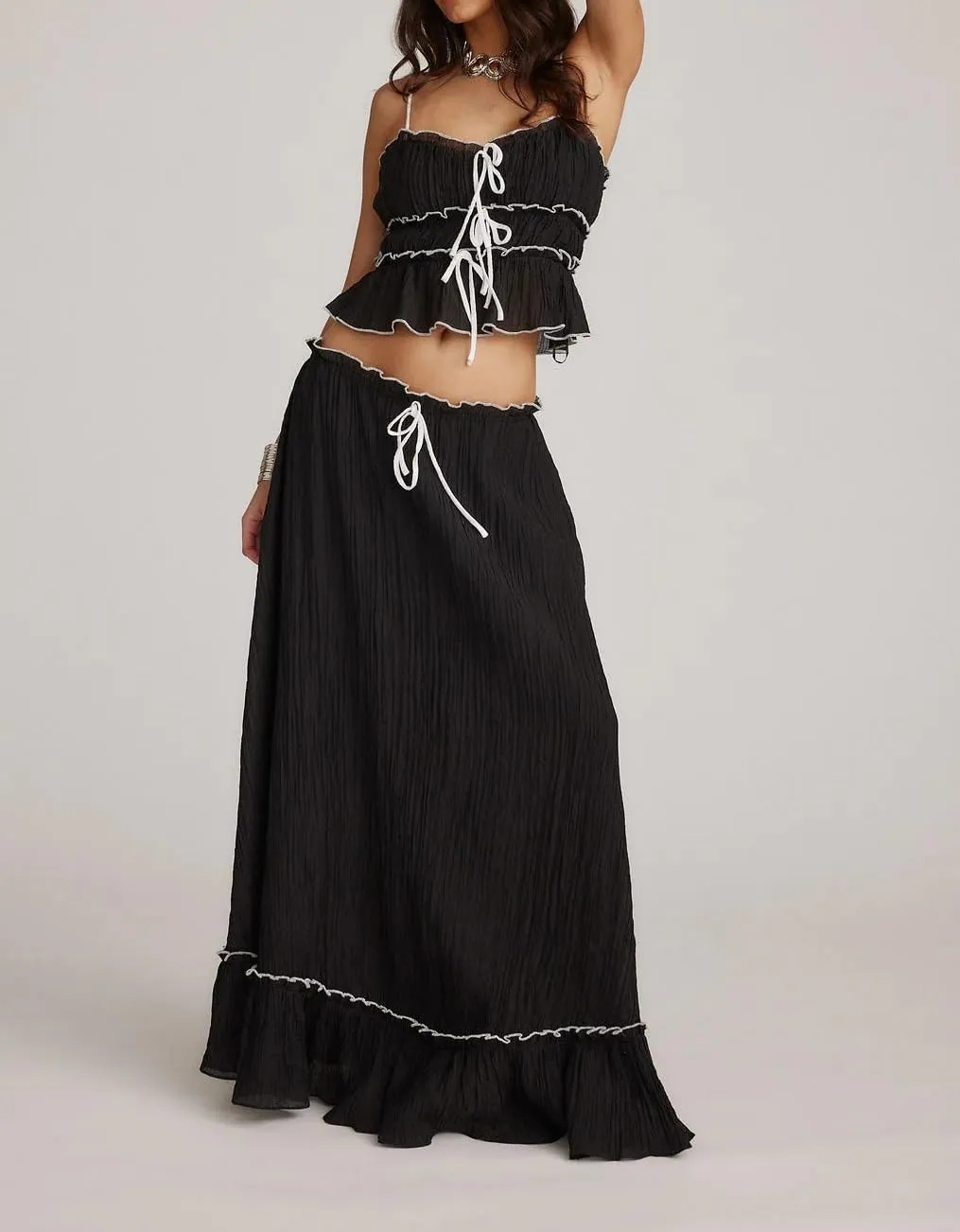 Adoeren Women Y2k Maxi Skirt Sets Ruffle Cami Crop Top Tiered Pleated Long Skirt 2 Piece Outfits Summer Casual Beachwear