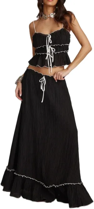 Adoeren Women Y2k Maxi Skirt Sets Ruffle Cami Crop Top Tiered Pleated Long Skirt 2 Piece Outfits Summer Casual Beachwear