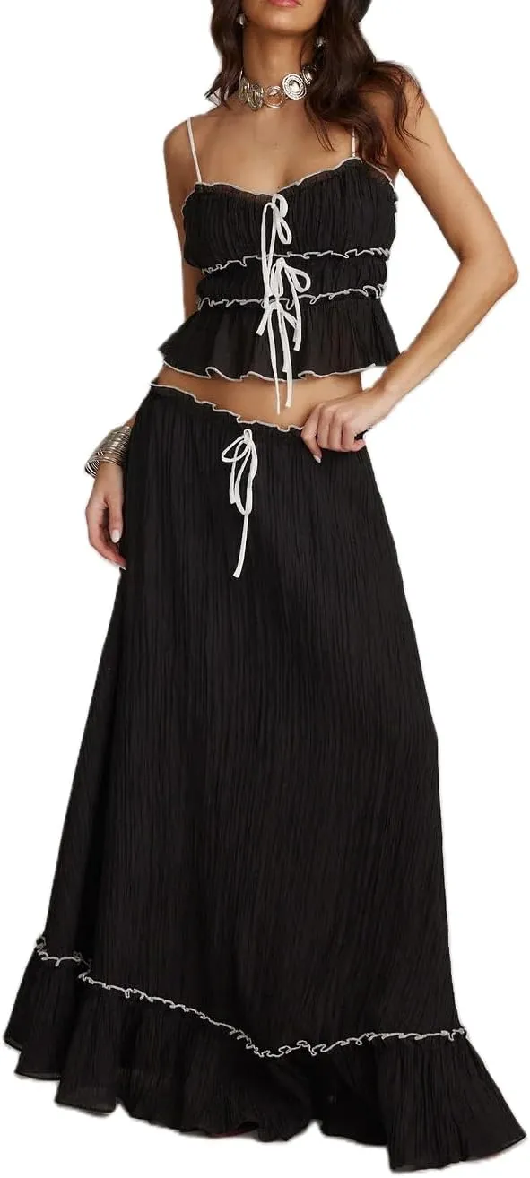 Adoeren Women Y2k Maxi Skirt Sets Ruffle Cami Crop Top Tiered Pleated Long Skirt 2 Piece Outfits Summer Casual Beachwear