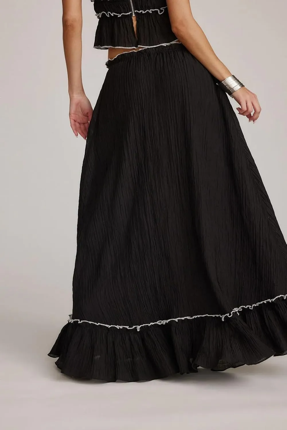 Adoeren Women Y2k Maxi Skirt Sets Ruffle Cami Crop Top Tiered Pleated Long Skirt 2 Piece Outfits Summer Casual Beachwear