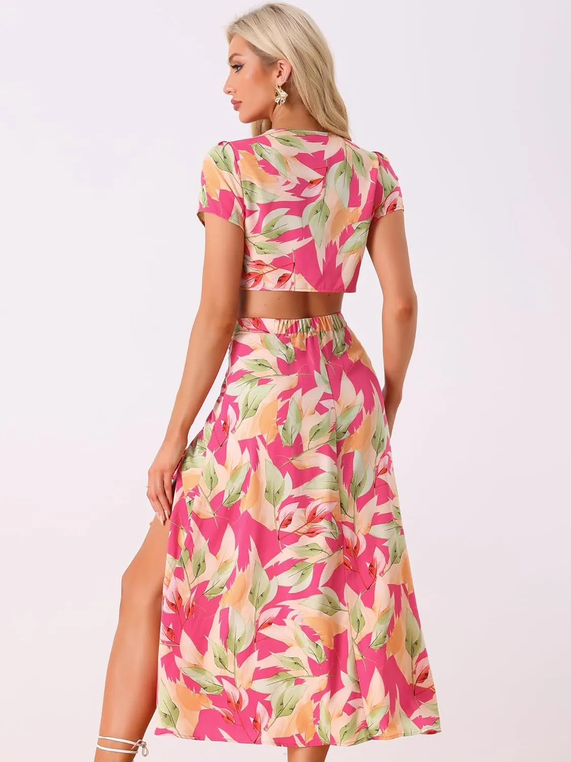 Allegra K Tropical 2 Piece Outfits for Women's Wrap Crop Top and Hawaiian Ruched Front Maxi Skirt Set