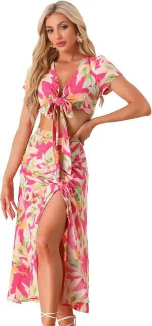 Allegra K Tropical 2 Piece Outfits for Women's Wrap Crop Top and Hawaiian Ruched Front Maxi Skirt Set