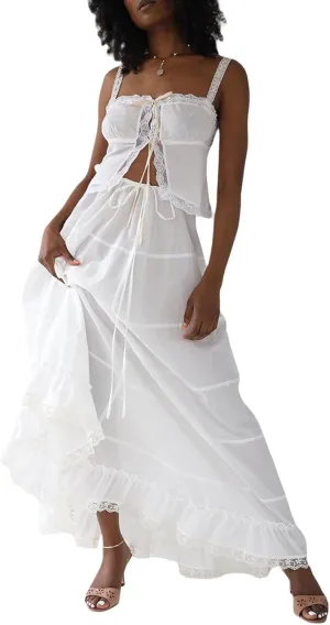 Argeousgor Women 2 Piece Ruffle Maxi Skirt Set Y2k Sheer Mesh Short Sleeve Top and Lace Shirred Flowy Long Skirts Outfits
