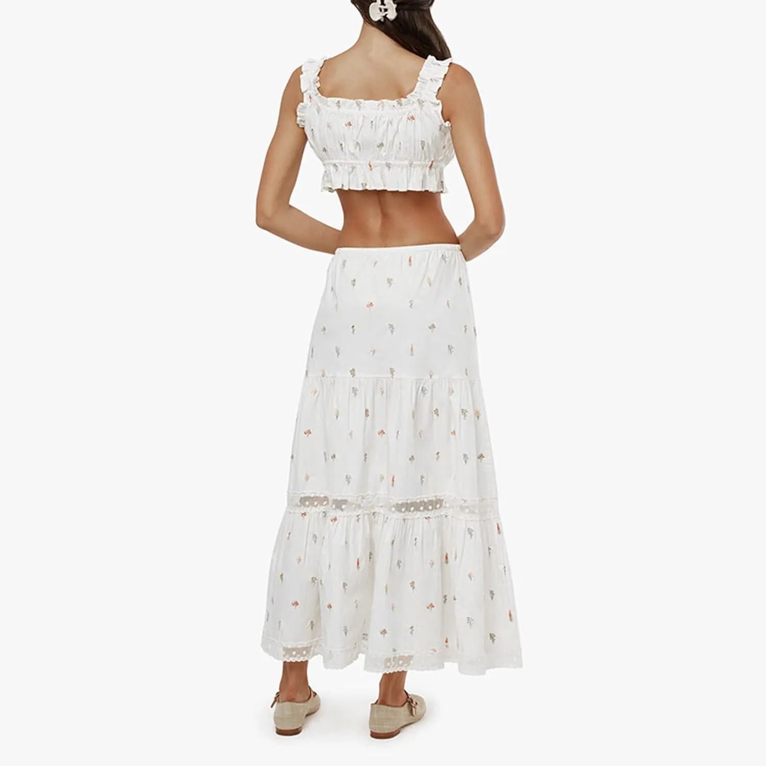 Argeousgor Women 2 Piece Ruffle Maxi Skirt Set Y2k Sheer Mesh Short Sleeve Top and Lace Shirred Flowy Long Skirts Outfits
