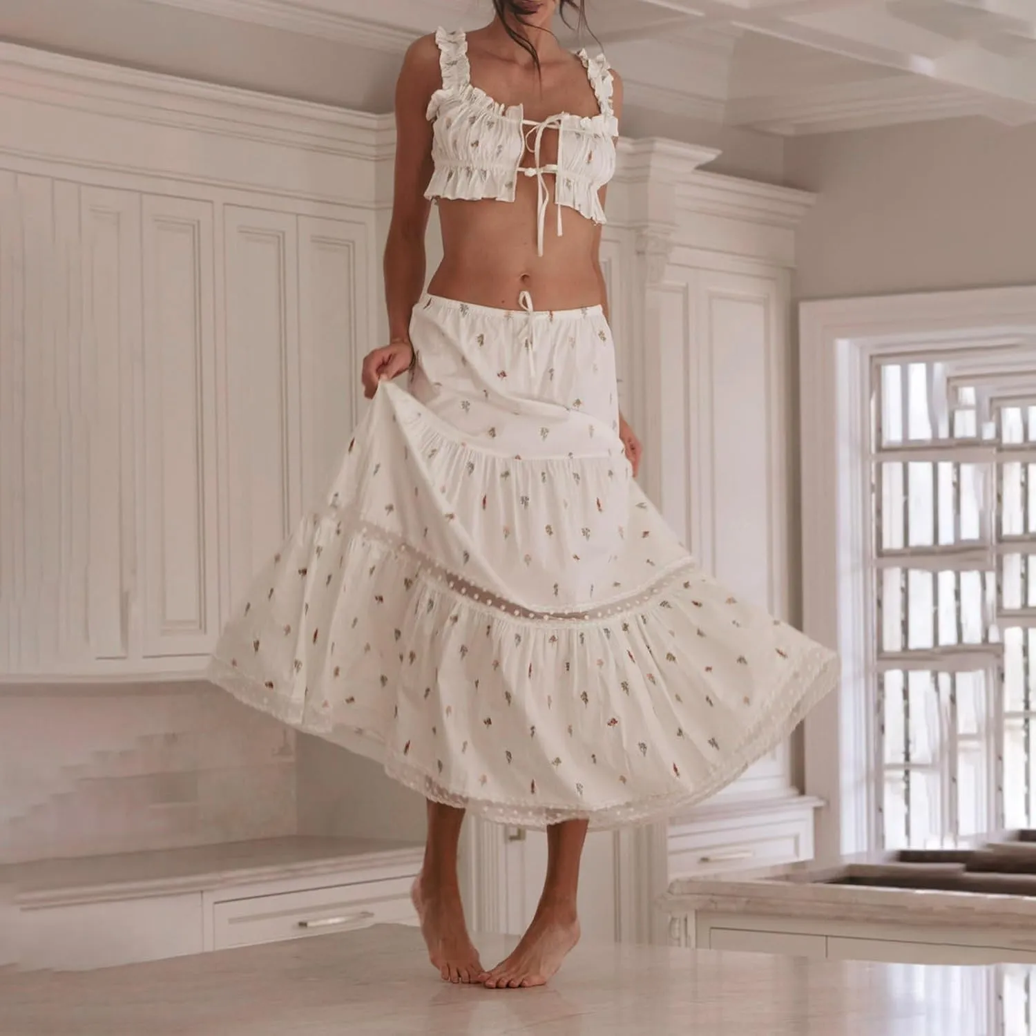Argeousgor Women 2 Piece Ruffle Maxi Skirt Set Y2k Sheer Mesh Short Sleeve Top and Lace Shirred Flowy Long Skirts Outfits