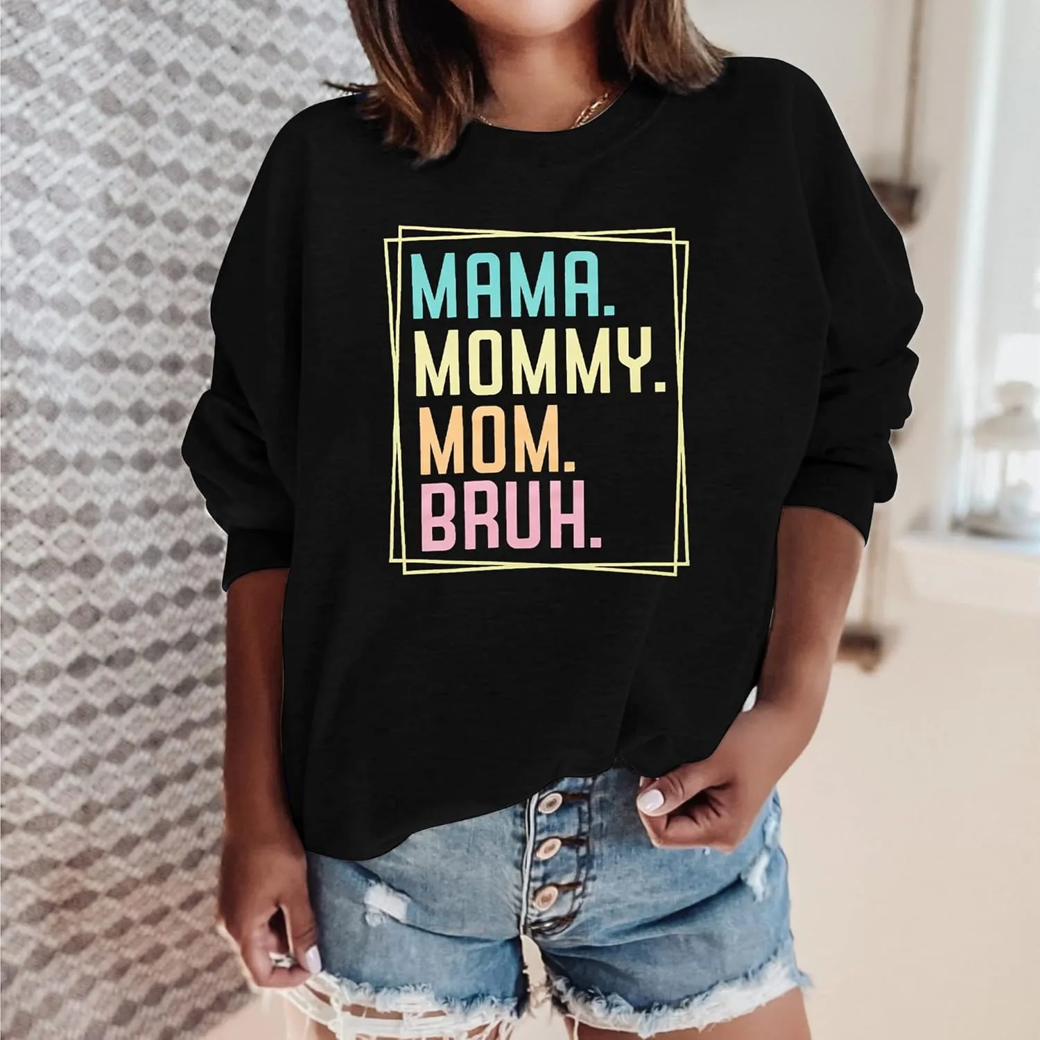 ASTANFY Oversized Mama Sweatshirt Women Mama Mom Bruh Pullover Tops Casual Crewneck Loose Long Sleeve Shirt