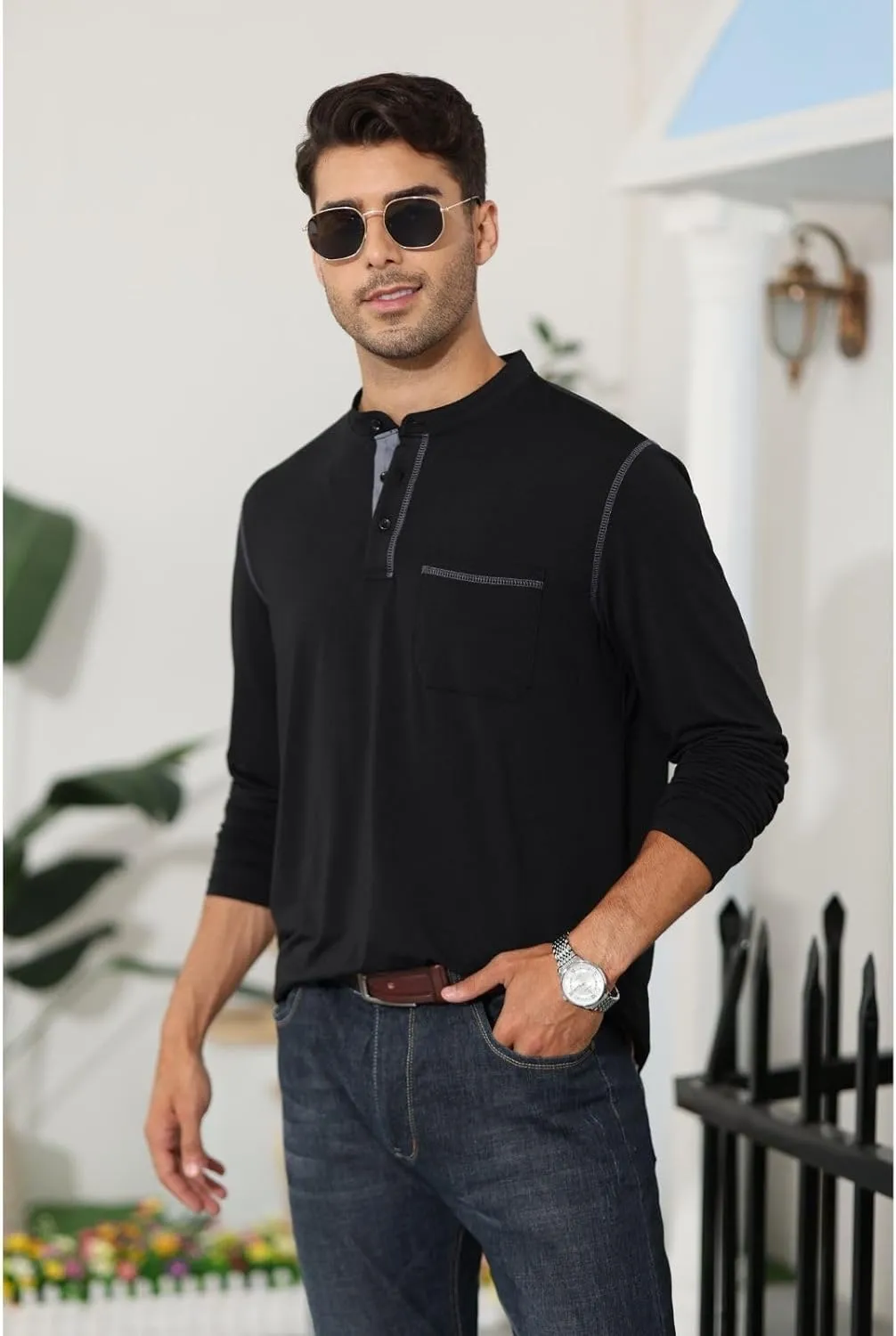 Aulemen Men's Henley Shirts Long Sleeve Casual Lightweight Slim Fit Basic Button Henley T-Shirt with Pocket