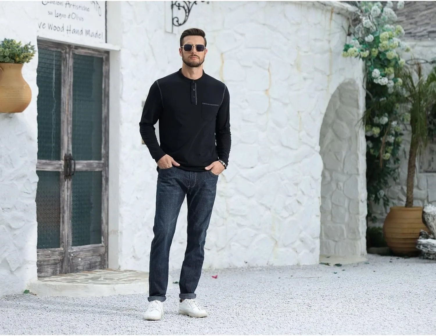 Aulemen Men's Henley Shirts Long Sleeve Casual Lightweight Slim Fit Basic Button Henley T-Shirt with Pocket