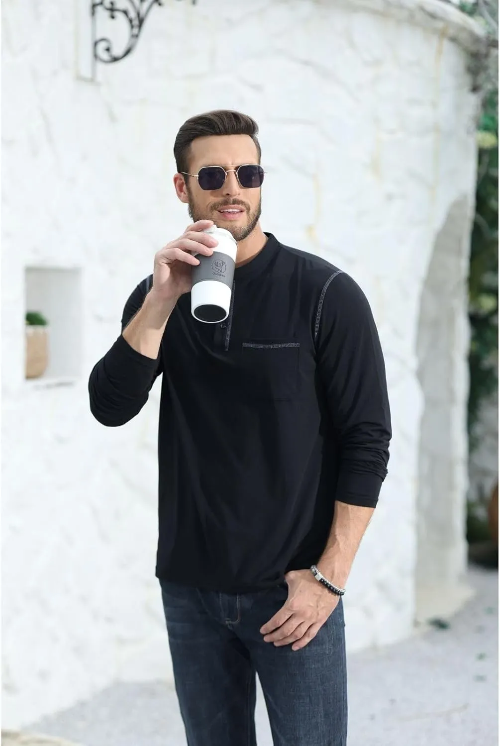 Aulemen Men's Henley Shirts Long Sleeve Casual Lightweight Slim Fit Basic Button Henley T-Shirt with Pocket