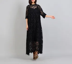 Black Lace Dresses Women Long  Dresses Short Sleeve