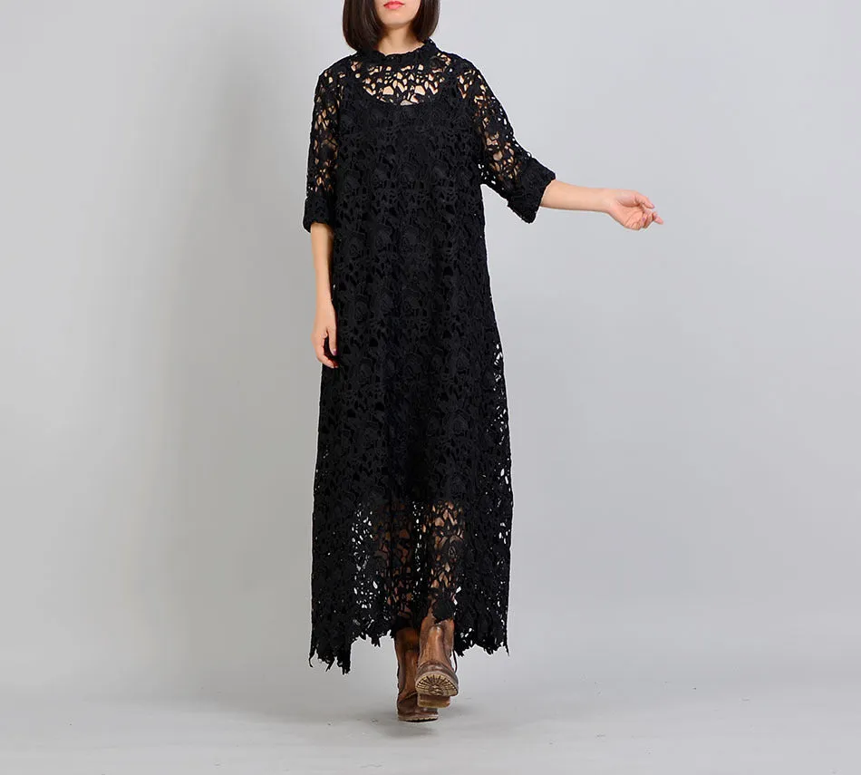 Black Lace Dresses Women Long  Dresses Short Sleeve
