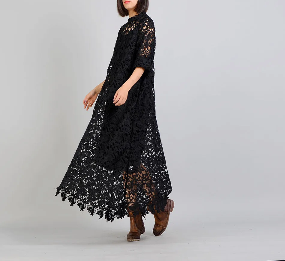 Black Lace Dresses Women Long  Dresses Short Sleeve
