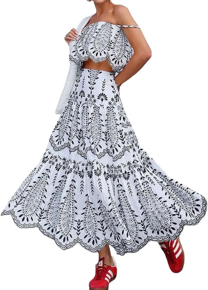 chouyatou Women's Summer Floral Print 2 Piece Outfits Spaghetti Strap Crop Top & Ruffle Swing Long Skirt Set