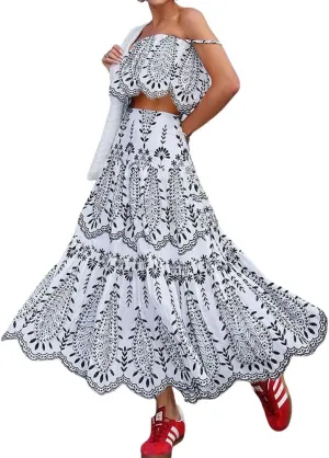 chouyatou Women's Summer Floral Print 2 Piece Outfits Spaghetti Strap Crop Top & Ruffle Swing Long Skirt Set