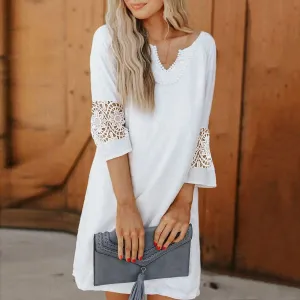 Elegant Neck Lace Pearl Half Embroidery V Casual Splicing Fashion Sleeve Summer Dress