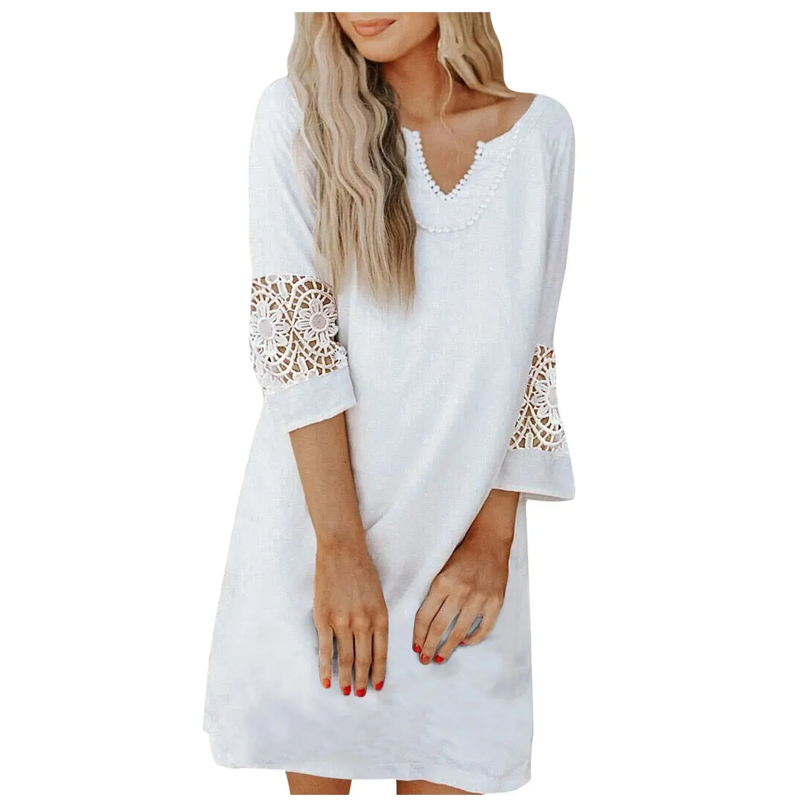 Elegant Neck Lace Pearl Half Embroidery V Casual Splicing Fashion Sleeve Summer Dress