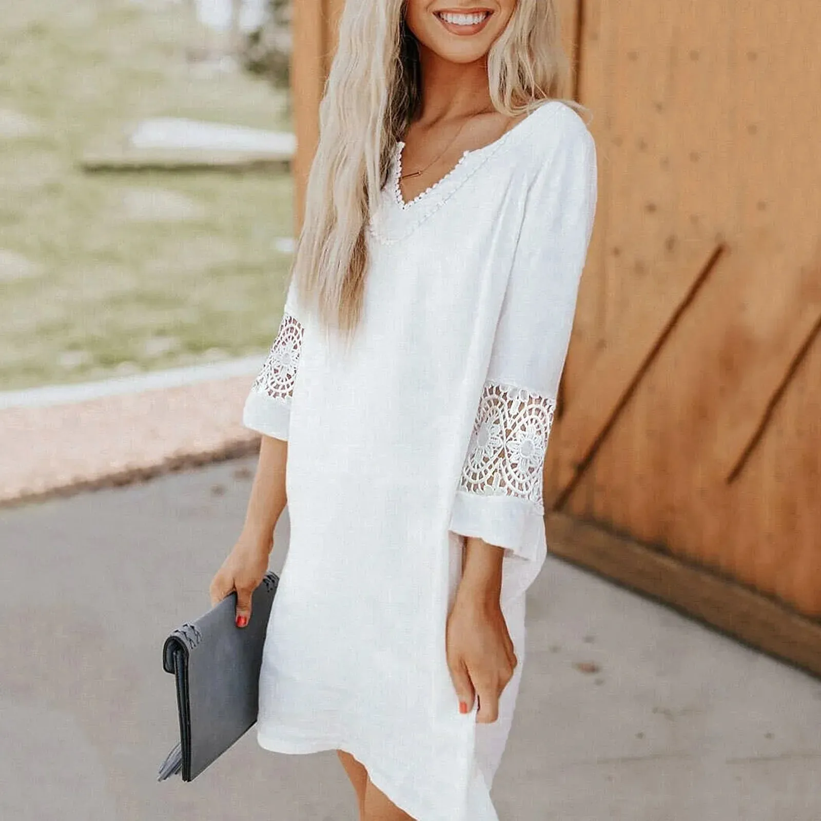Elegant Neck Lace Pearl Half Embroidery V Casual Splicing Fashion Sleeve Summer Dress