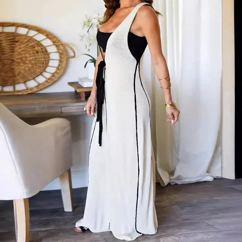 Hollow Out Sleeveless Vest Beach Elegant Patchwork Holiday Long Casual Deep V Bow Tie Up Party Fashion Dress