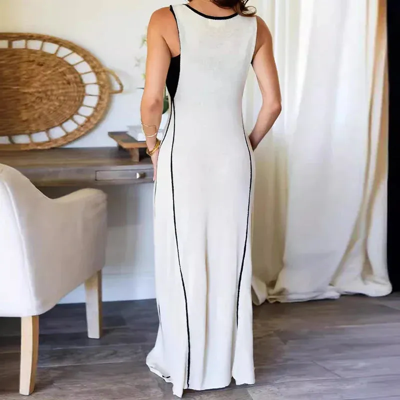 Hollow Out Sleeveless Vest Beach Elegant Patchwork Holiday Long Casual Deep V Bow Tie Up Party Fashion Dress