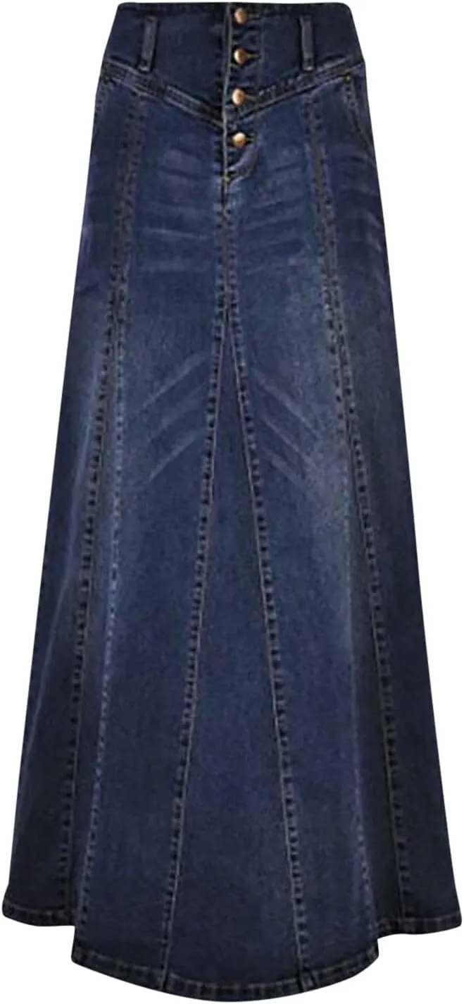Long Jean Skirt for Women Women's Retro Exposure Button-Fly Packaged Hip A-Line Maxi Long Denim Skirt Jean Skirt