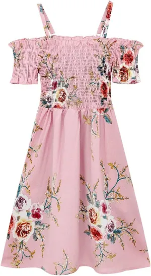 LUCKYGAL Girls Floral Dress Summer Adjustable Spaghetti Strap Off The Shoulder Party Dress with Pockets