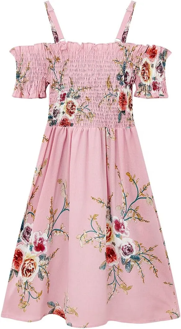 LUCKYGAL Girls Floral Dress Summer Adjustable Spaghetti Strap Off The Shoulder Party Dress with Pockets