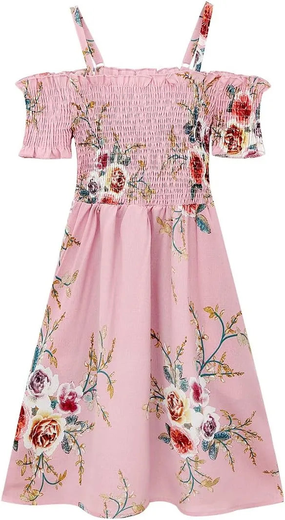 LUCKYGAL Girls Floral Dress Summer Adjustable Spaghetti Strap Off The Shoulder Party Dress with Pockets