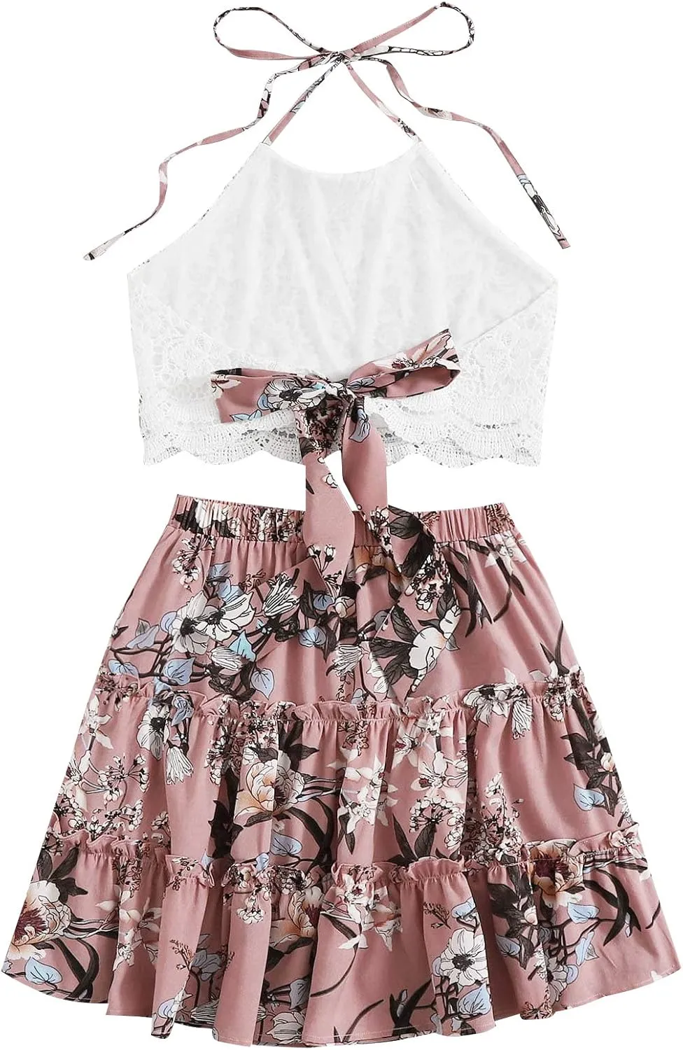 LYANER Women's 2 Piece Outfits Summer Lace Halter Cami Crop Top with Floral Mini Skirt Set
