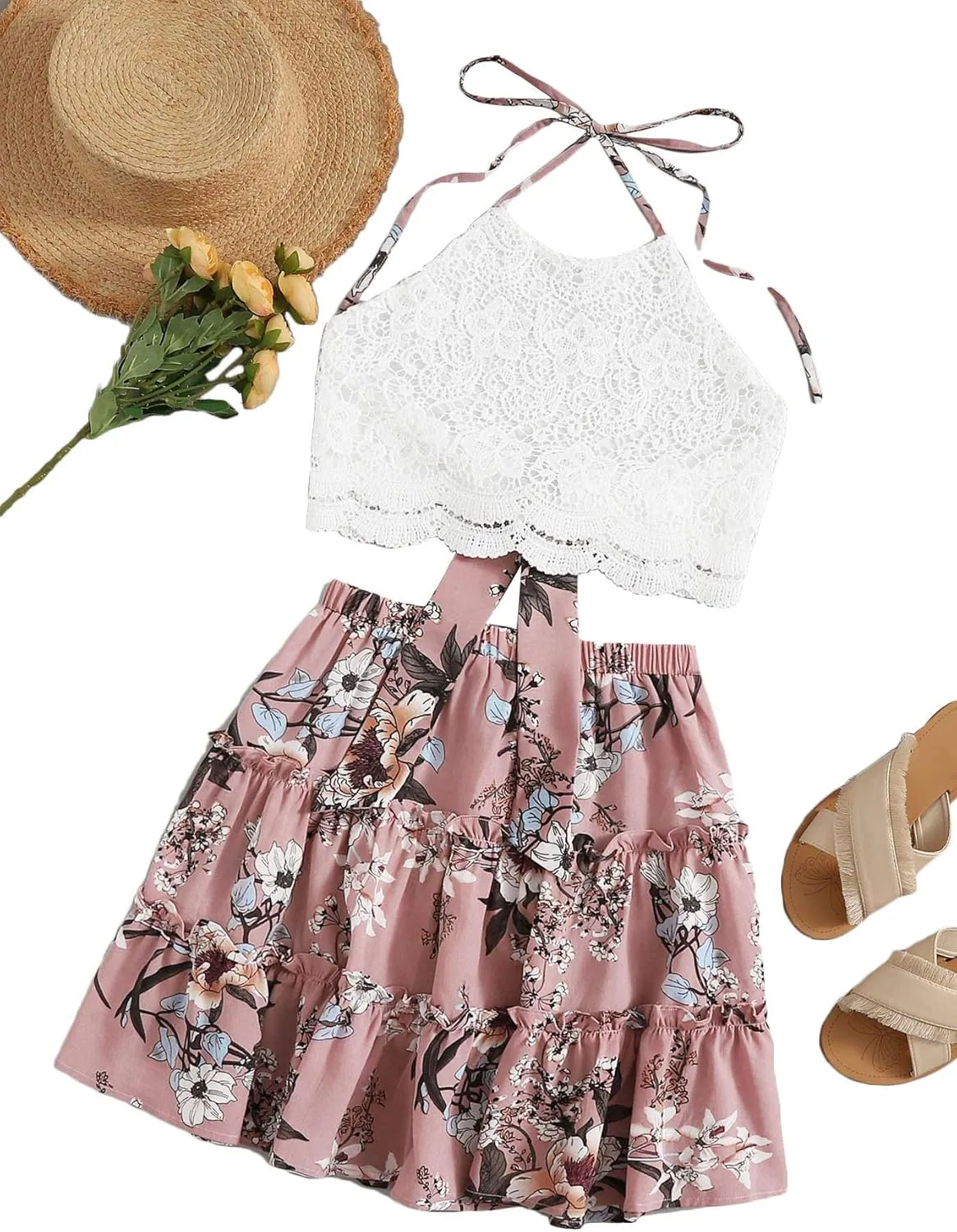LYANER Women's 2 Piece Outfits Summer Lace Halter Cami Crop Top with Floral Mini Skirt Set
