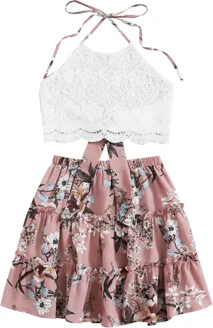 LYANER Women's 2 Piece Outfits Summer Lace Halter Cami Crop Top with Floral Mini Skirt Set