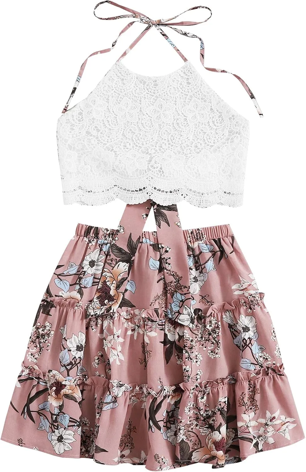 LYANER Women's 2 Piece Outfits Summer Lace Halter Cami Crop Top with Floral Mini Skirt Set
