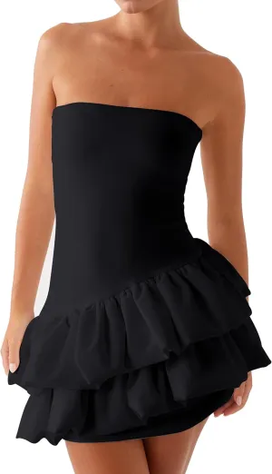 Meladyan Women's Strapless Mini Dress Tube Off Shoulder Tiered Ruffle Bubble Short Club Party Dresses