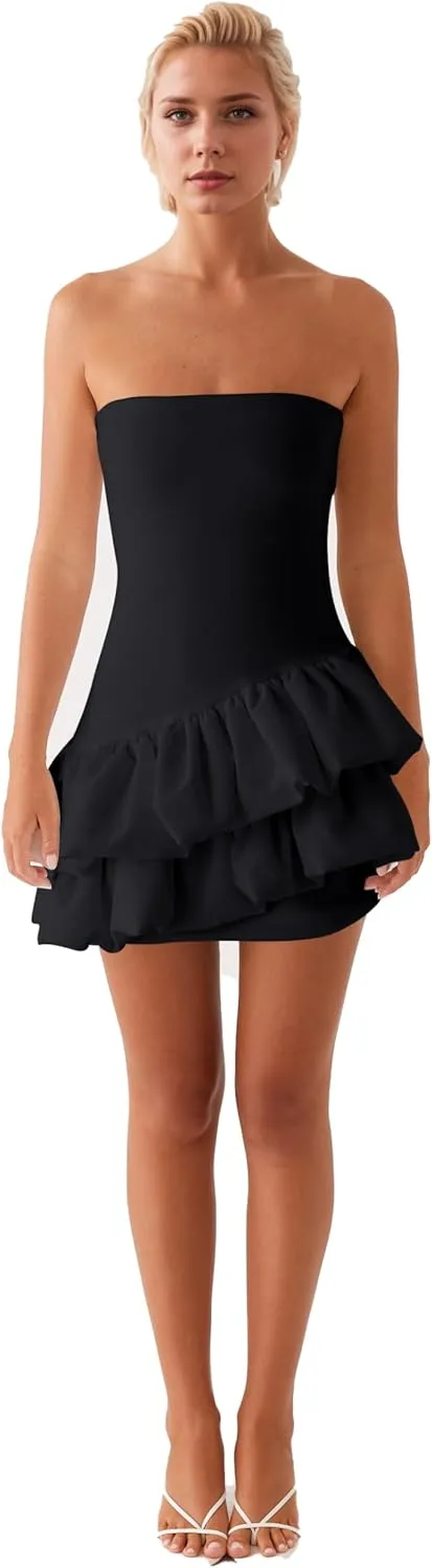Meladyan Women's Strapless Mini Dress Tube Off Shoulder Tiered Ruffle Bubble Short Club Party Dresses