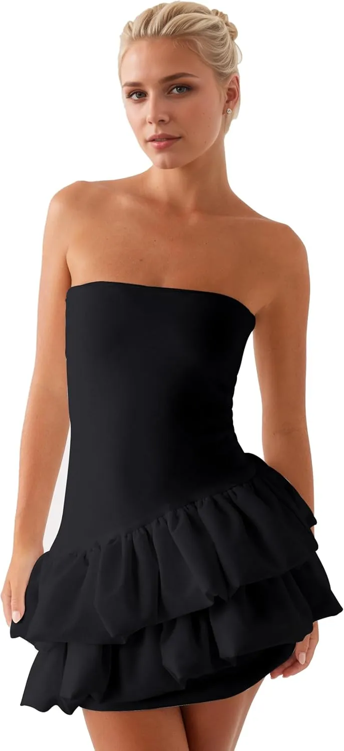 Meladyan Women's Strapless Mini Dress Tube Off Shoulder Tiered Ruffle Bubble Short Club Party Dresses