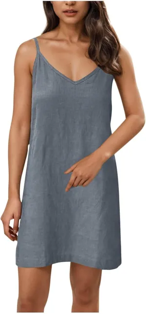 Oplxuo Women Casual Summer Beach Dresses Solid Color Spaghetti Strap Sundress V Neck Sleeveless Mini Dress