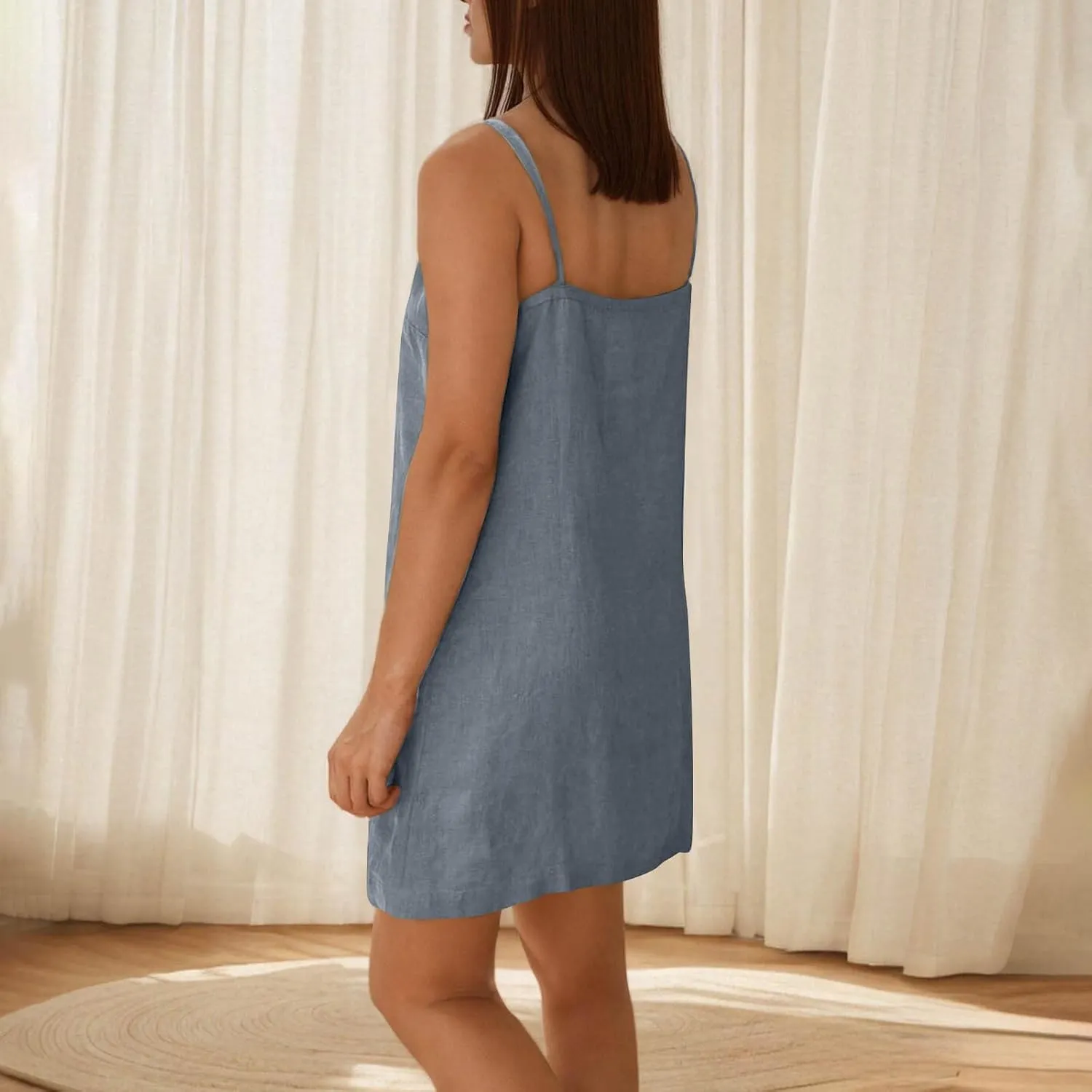 Oplxuo Women Casual Summer Beach Dresses Solid Color Spaghetti Strap Sundress V Neck Sleeveless Mini Dress