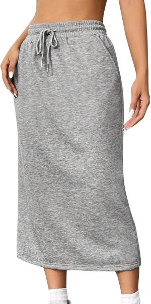 Oplxuo Women's Summer Midi Skirt Drawstring High Waist Casual Sweat Skirts with Pockets