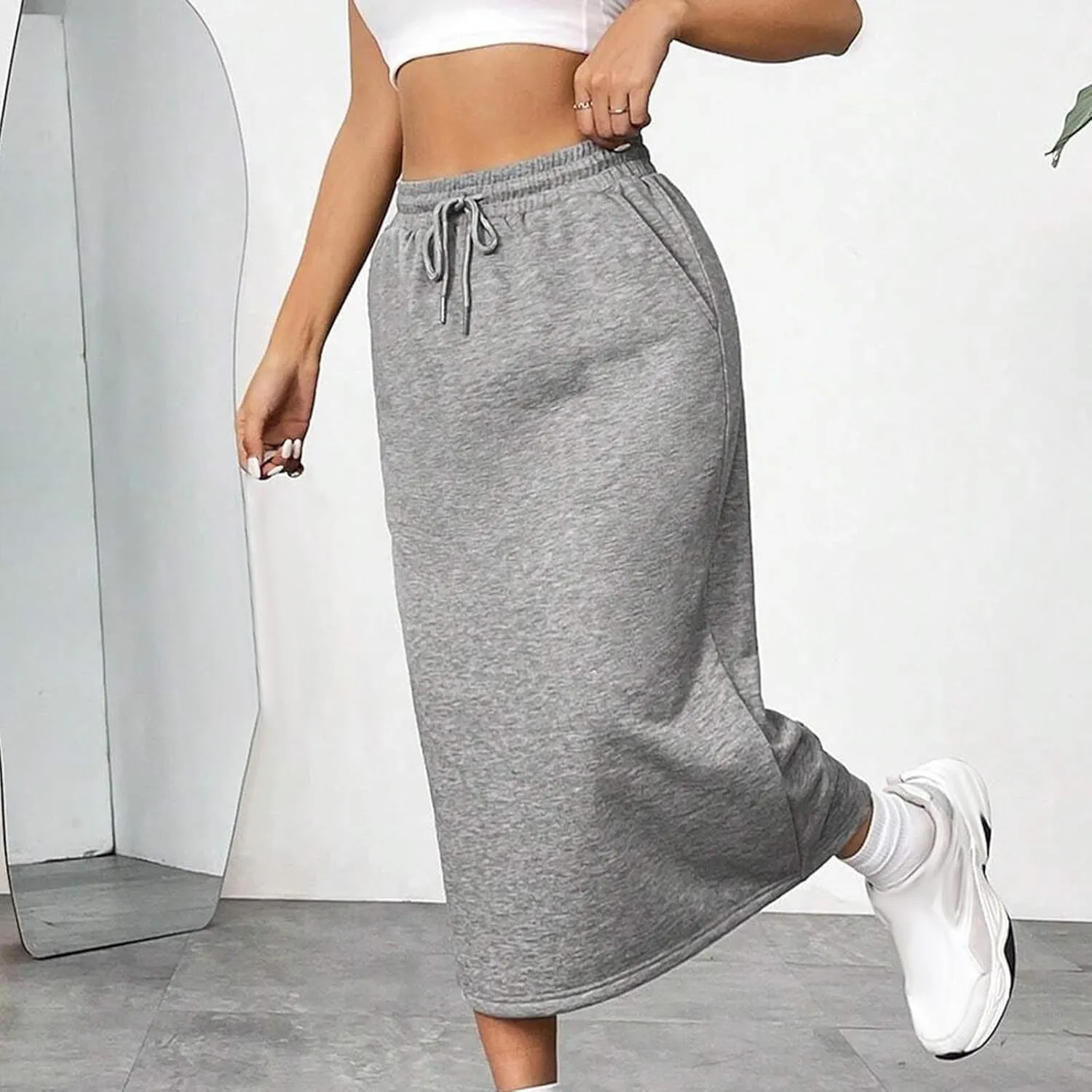 Oplxuo Women's Summer Midi Skirt Drawstring High Waist Casual Sweat Skirts with Pockets