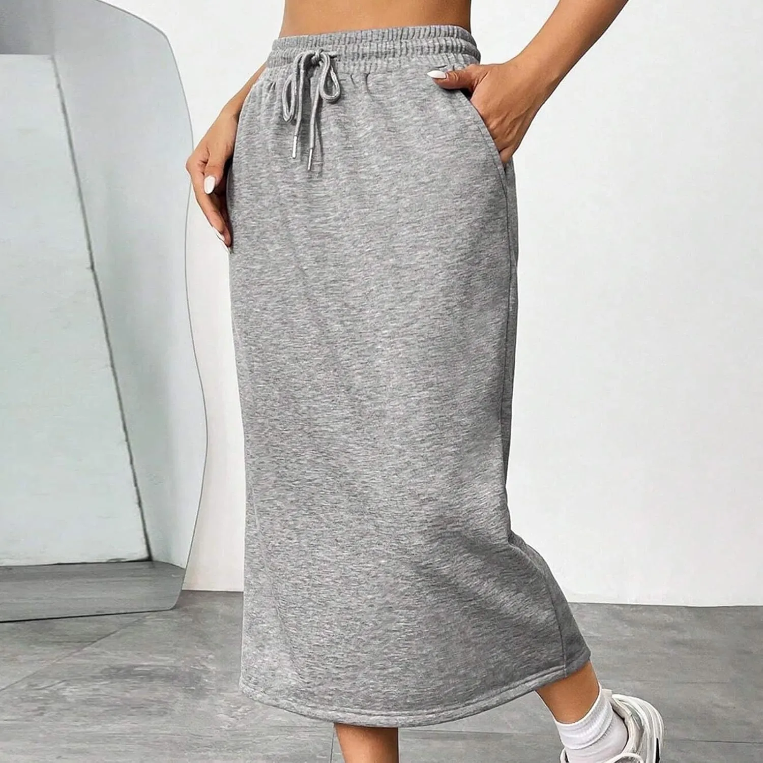 Oplxuo Women's Summer Midi Skirt Drawstring High Waist Casual Sweat Skirts with Pockets