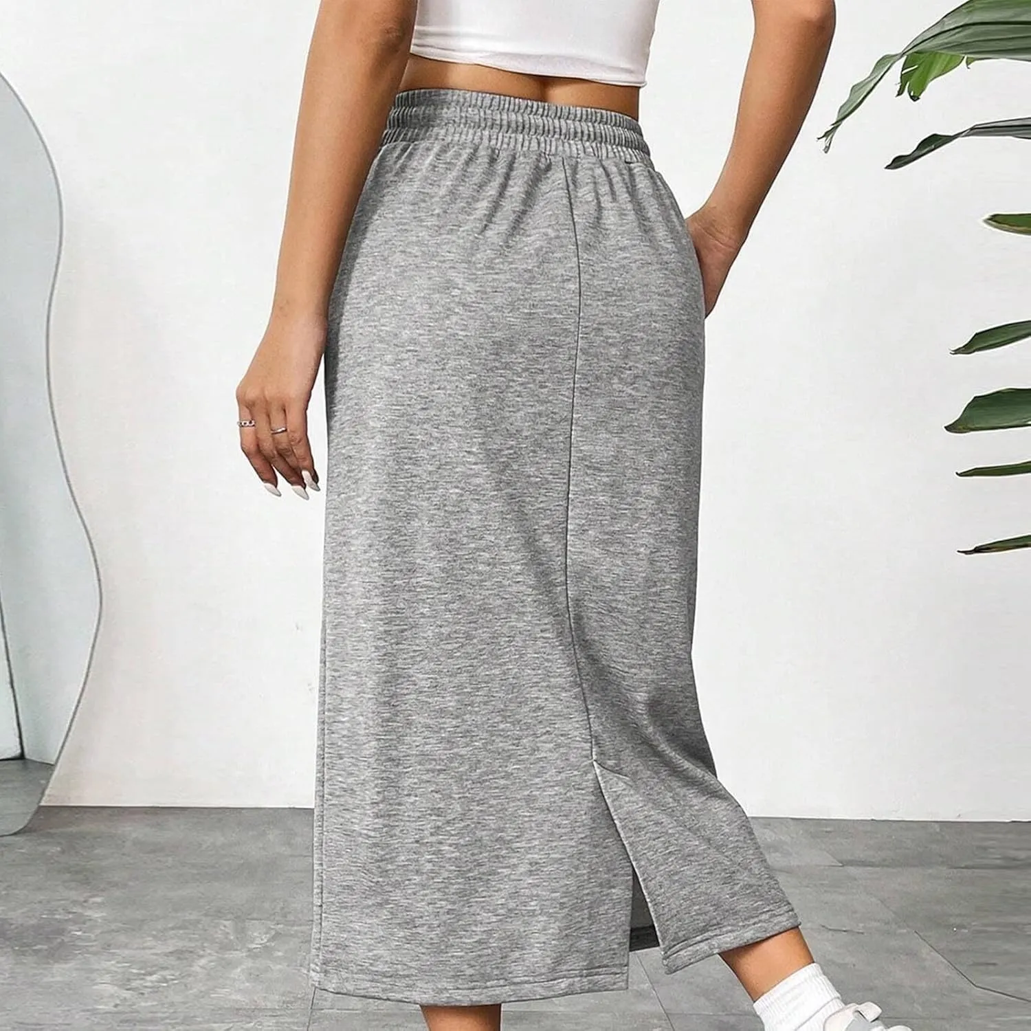 Oplxuo Women's Summer Midi Skirt Drawstring High Waist Casual Sweat Skirts with Pockets