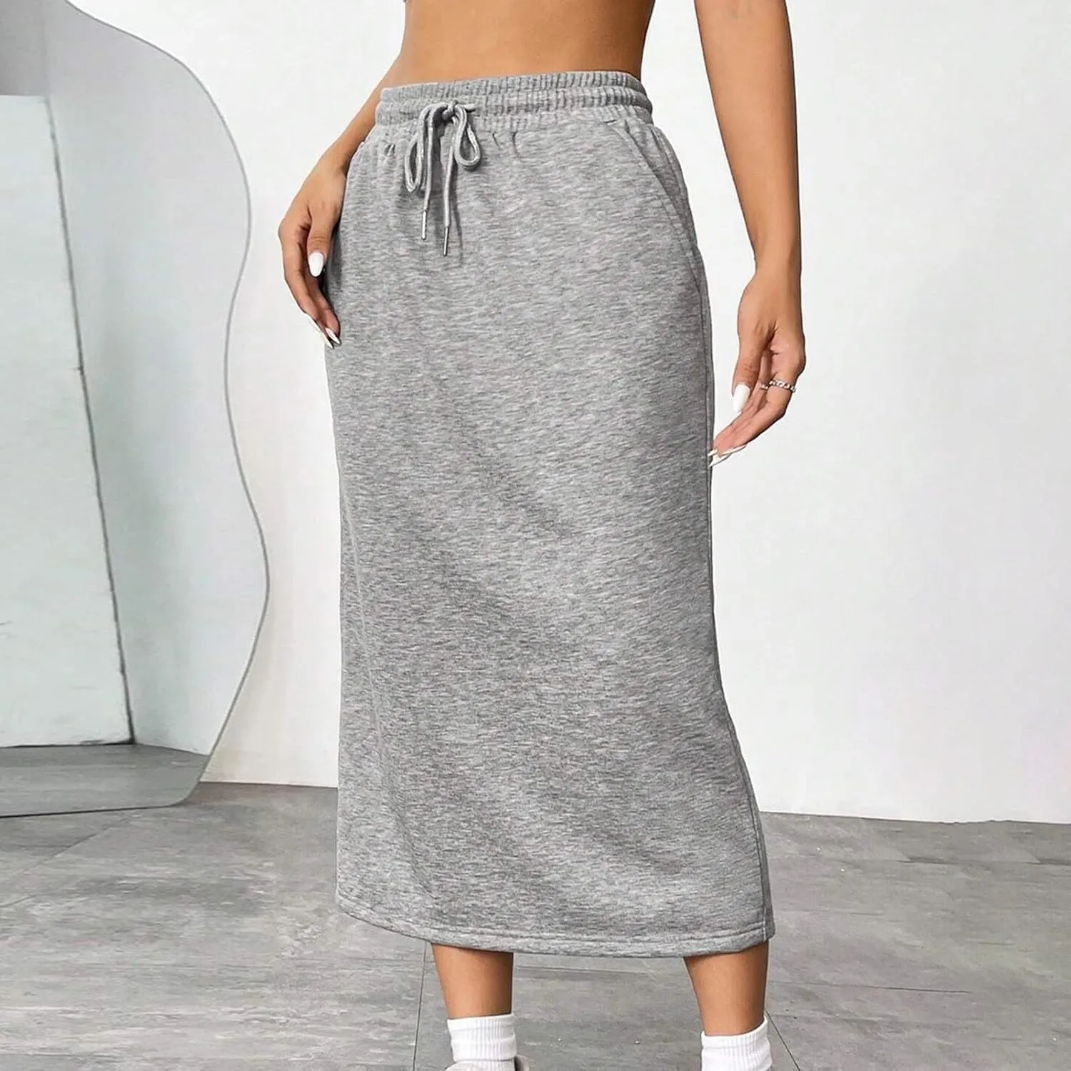 Oplxuo Women's Summer Midi Skirt Drawstring High Waist Casual Sweat Skirts with Pockets