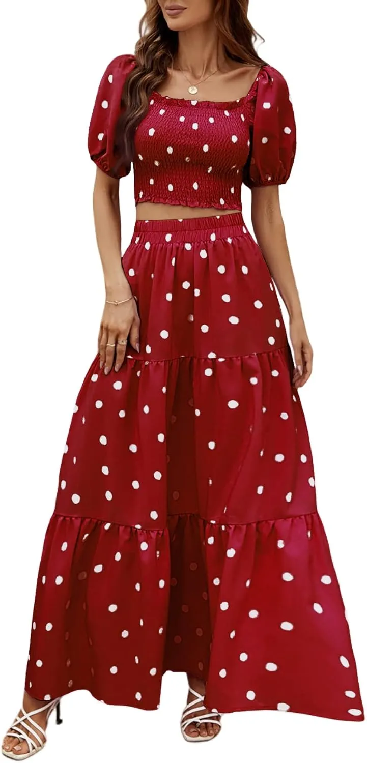 Rooscier Women's 2 Piece Outfit Shirred Short Sleeve Crop Top A Line Beach Maxi Skirt Set