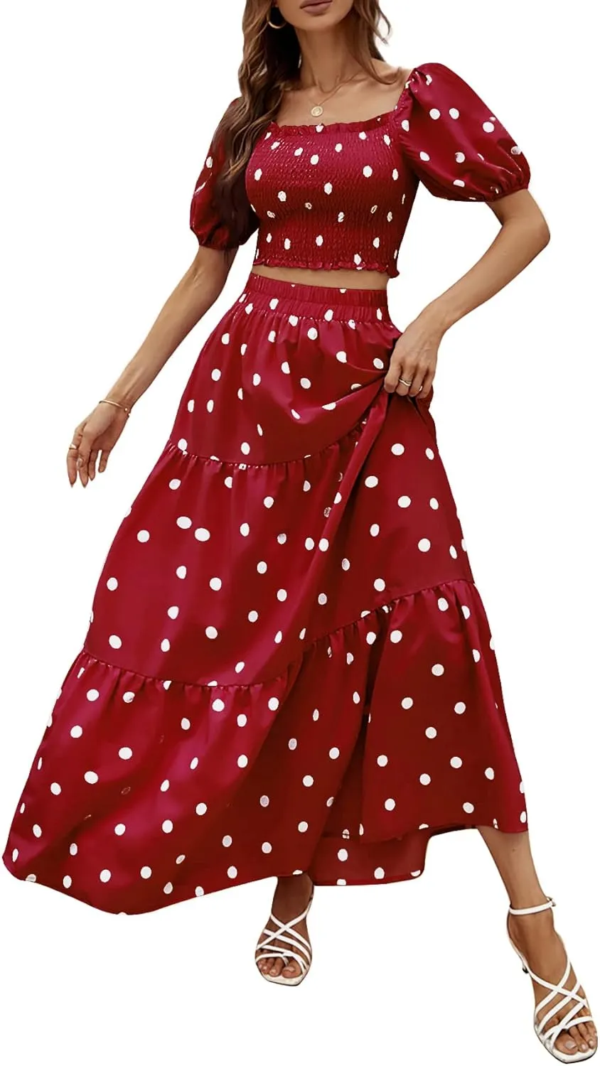 Rooscier Women's 2 Piece Outfit Shirred Short Sleeve Crop Top A Line Beach Maxi Skirt Set