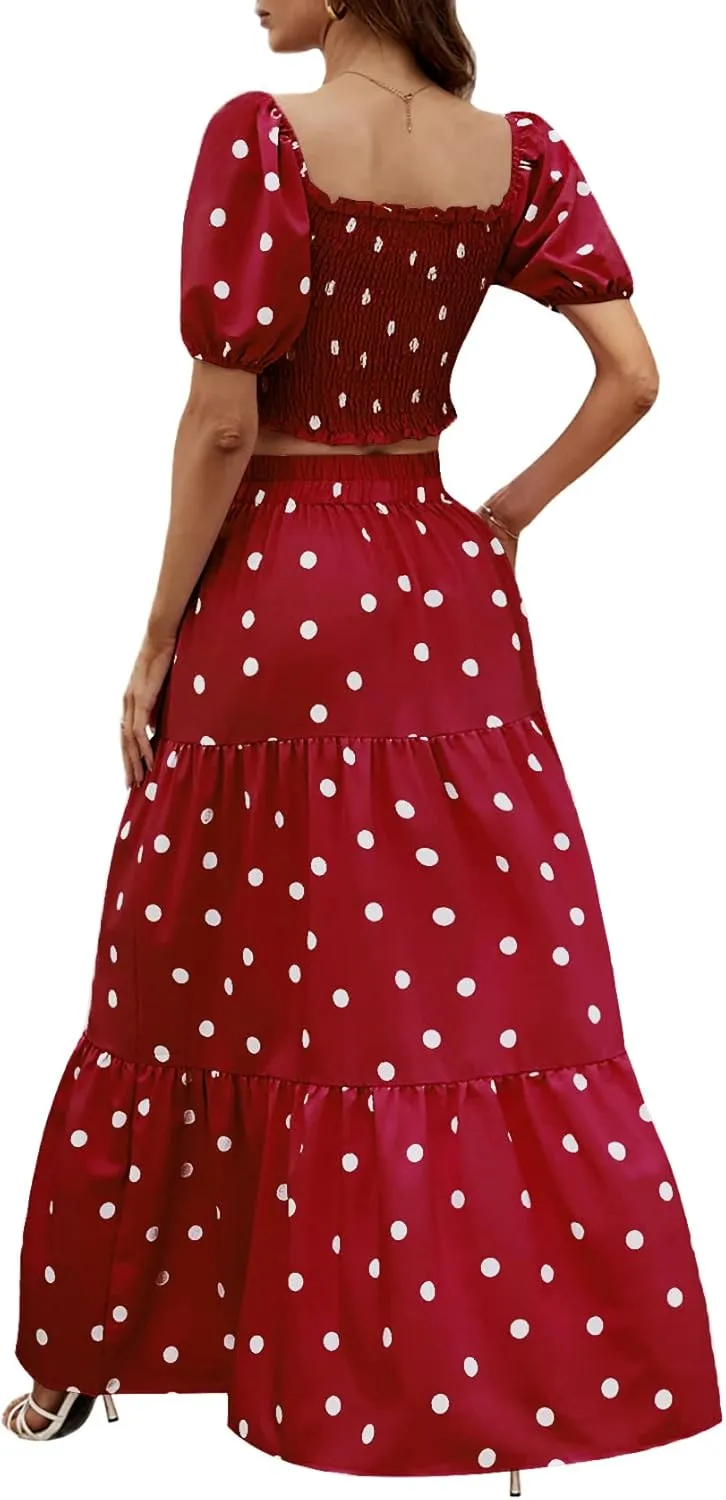 Rooscier Women's 2 Piece Outfit Shirred Short Sleeve Crop Top A Line Beach Maxi Skirt Set