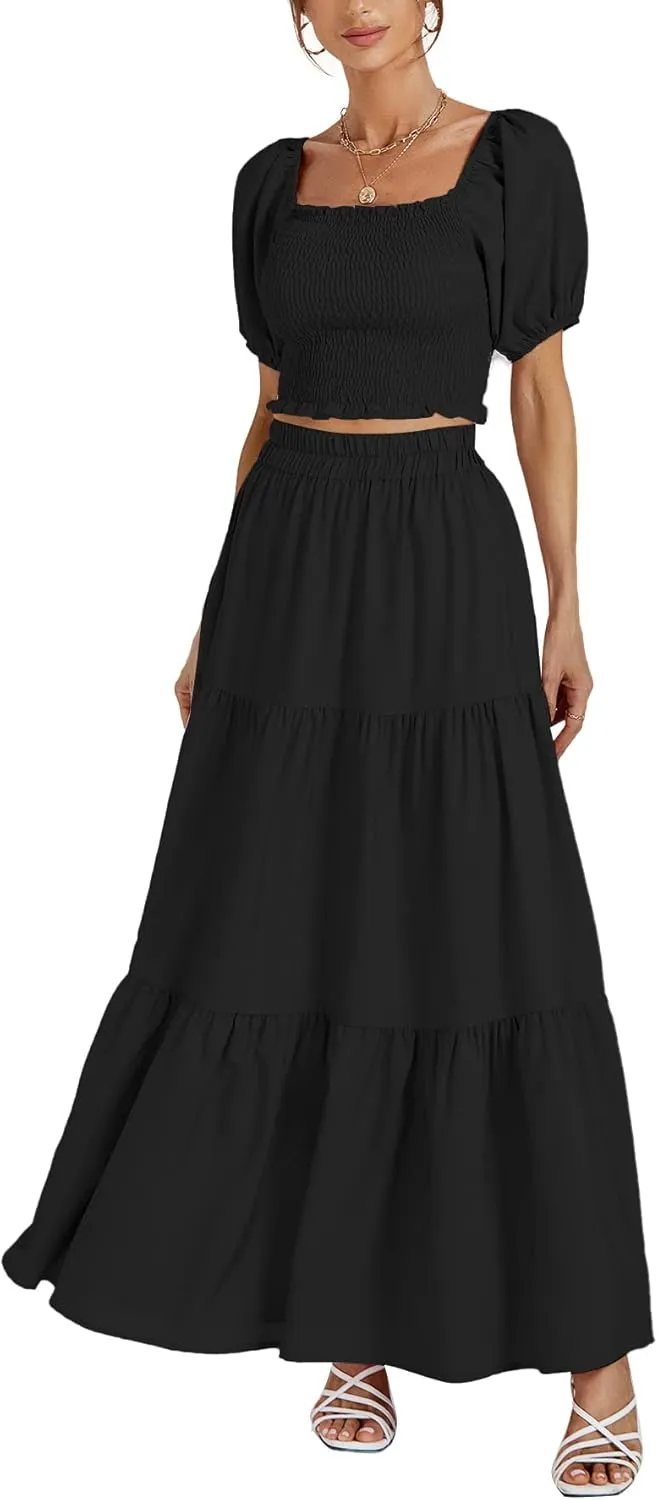 Rooscier Women's 2 Piece Outfit Shirred Short Sleeve Crop Top A Line Beach Maxi Skirt Set