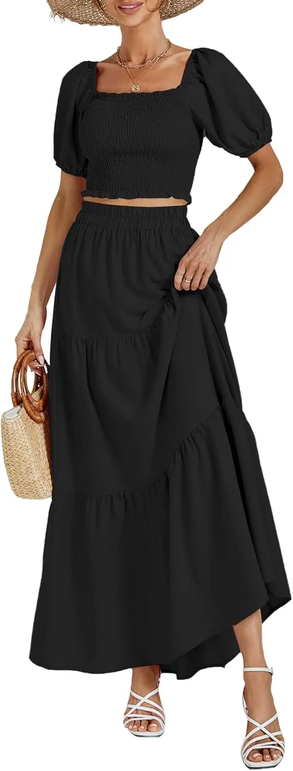 Rooscier Women's 2 Piece Outfit Shirred Short Sleeve Crop Top A Line Beach Maxi Skirt Set