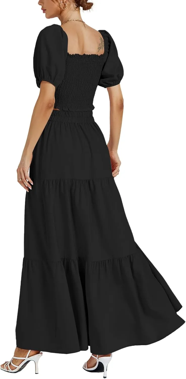 Rooscier Women's 2 Piece Outfit Shirred Short Sleeve Crop Top A Line Beach Maxi Skirt Set