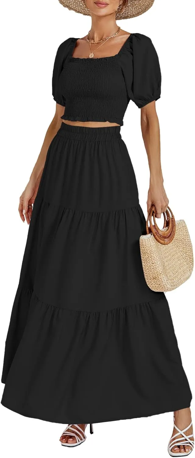 Rooscier Women's 2 Piece Outfit Shirred Short Sleeve Crop Top A Line Beach Maxi Skirt Set