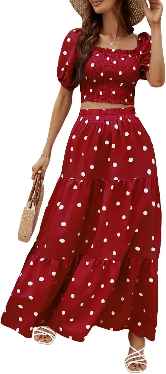 Rooscier Women's 2 Piece Outfit Shirred Short Sleeve Crop Top A Line Beach Maxi Skirt Set
