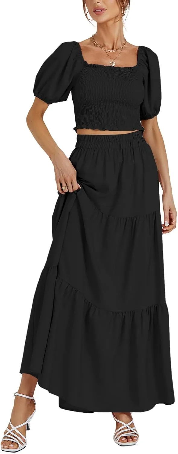 Rooscier Women's 2 Piece Outfit Shirred Short Sleeve Crop Top A Line Beach Maxi Skirt Set